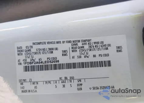 2020 Ford F250 Xl/Xlt из США, поврежденный, VIN 1FDBF2A64LED5269